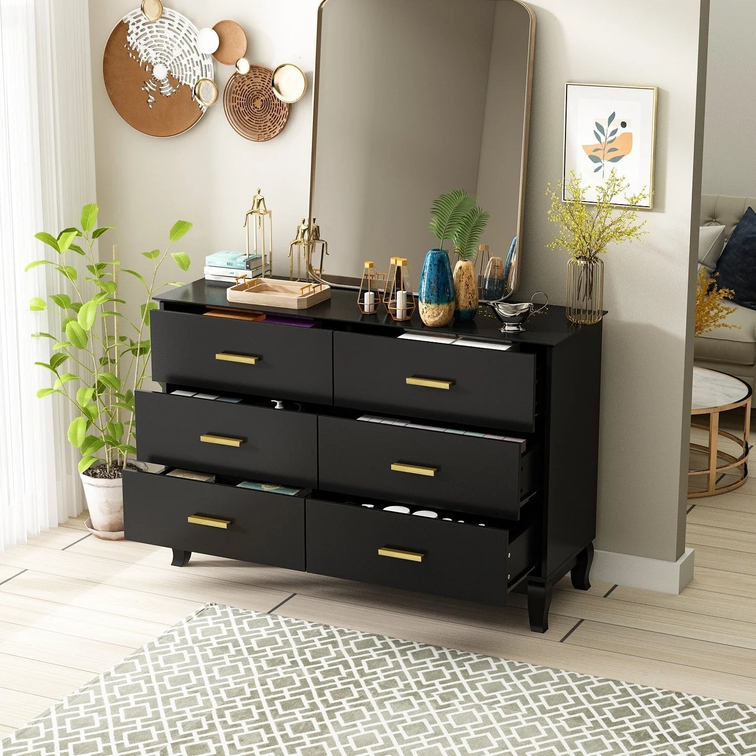 Commode double Timechee à 6 tiroirs, 120 cm de large, pieds en bois massif, finition laquée