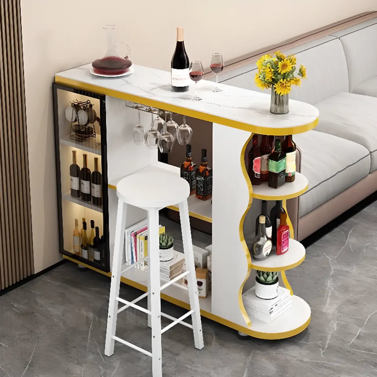 Table de bar îlot avec plateau en pierre et rangement pour bars à domicile