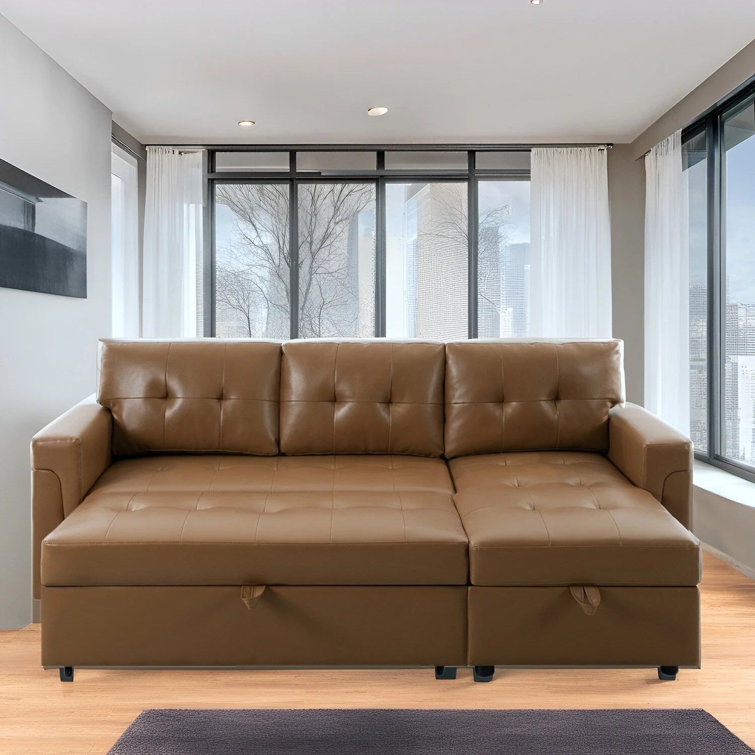 Canapé d'angle réversible convertible avec lit gigogne, méridienne avec rangement dissimulé et pieds durables