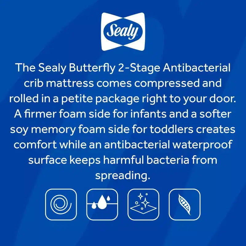 Matelas Sealy Butterfly en mousse antibactérienne à 2 étapes pour lit de bébé et tout-petit