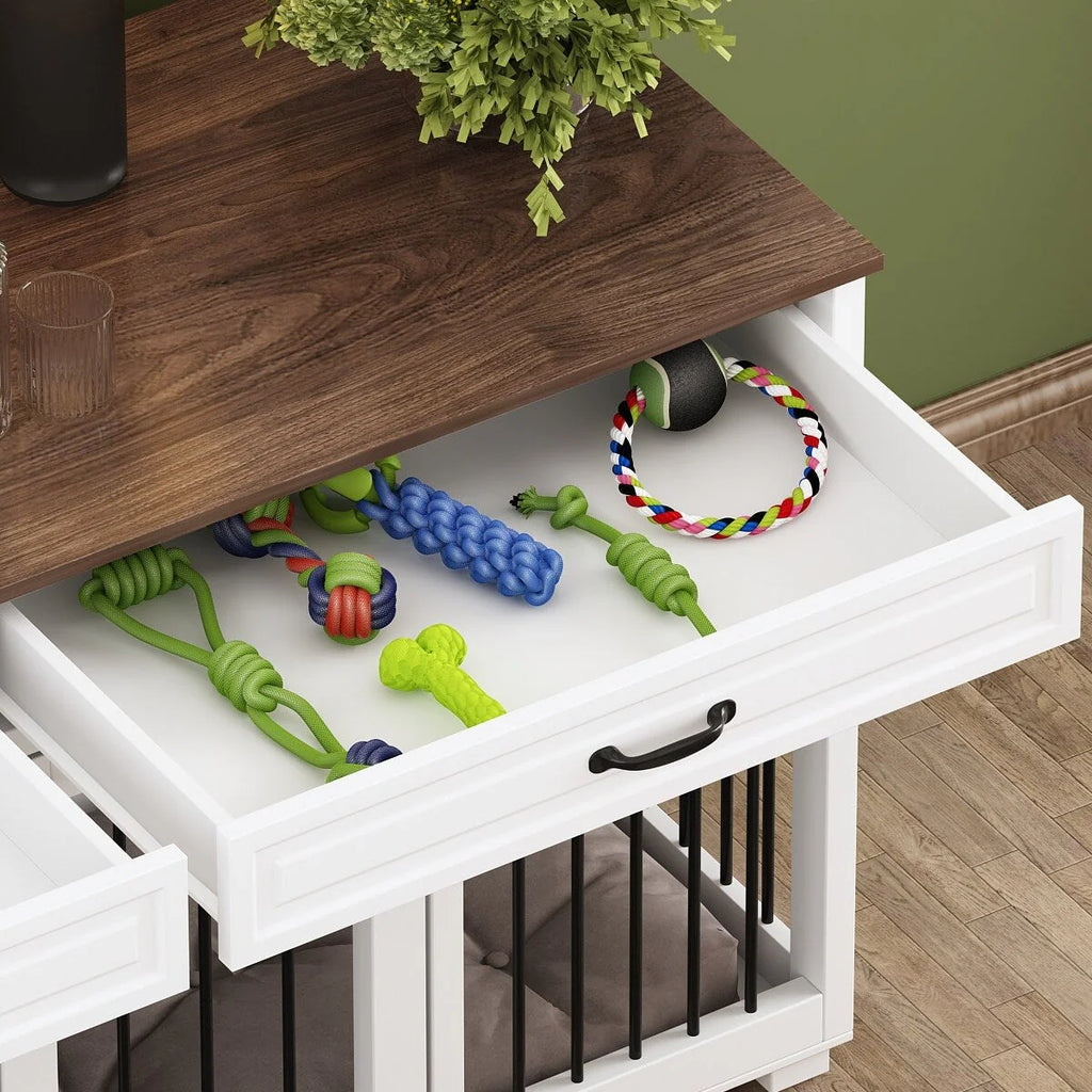 Meuble Niche Double pour Chiens en Bois avec 2 Tiroirs et Séparateur