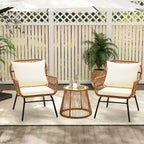 Ensemble de bistro 3 pièces pour terrasse, salon de jardin en rotin d'extérieur avec table en verre et 2 fauteuils larges, coussins d'assise