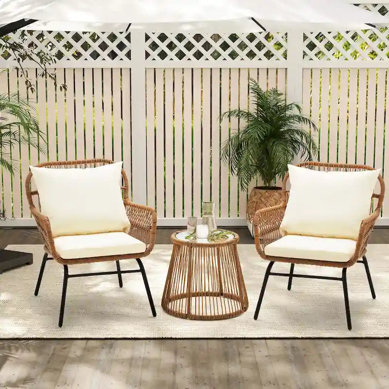 Ensemble de bistro 3 pièces pour terrasse, salon de jardin en rotin d'extérieur avec table en verre et 2 fauteuils larges, coussins d'assise