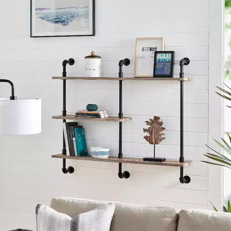 Danya B. Étagère murale 3 niveaux Aurora Pipe Noir/Rustique - Cadre industriel en fer, Surface stratifiée, Rangement domestique