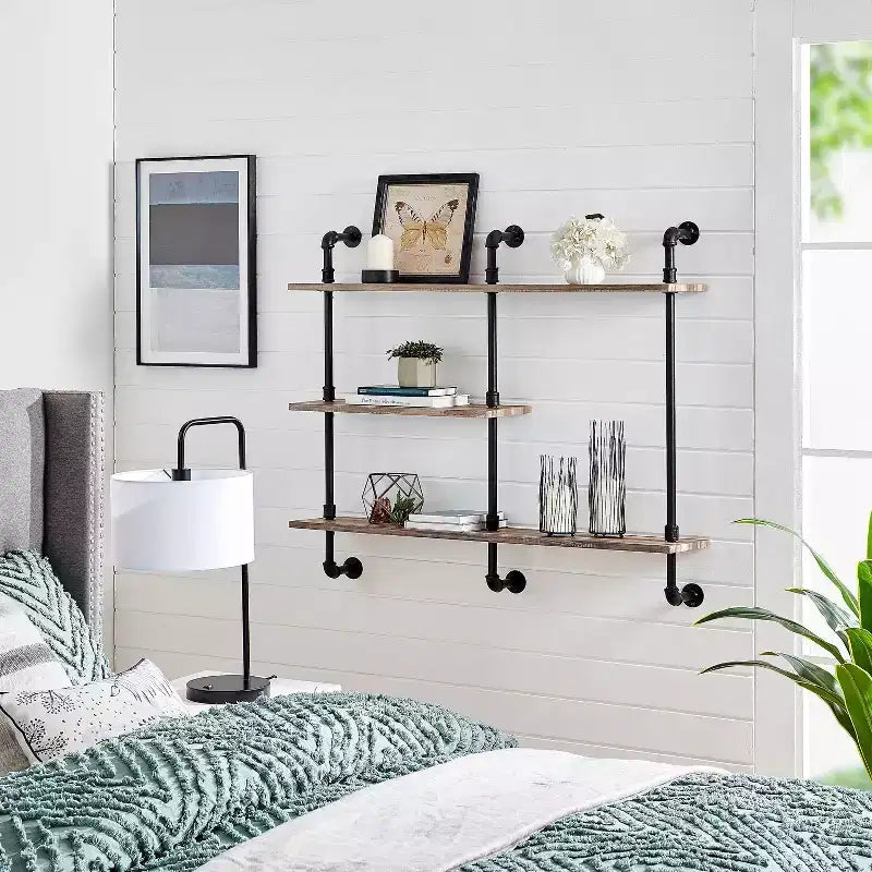 Danya B. Étagère murale 3 niveaux Aurora Pipe Noir/Rustique - Cadre industriel en fer, Surface stratifiée, Rangement domestique