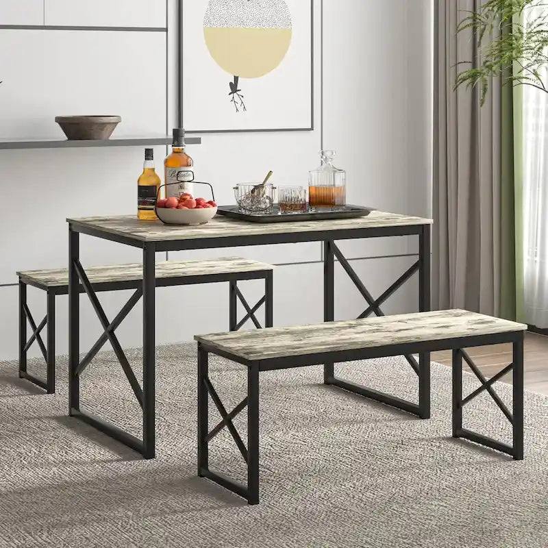 Table à manger 3 pièces VECELO avec banc, ensemble de table de salle à manger pour 4-6 personnes, table de cuisine avec 2 bancs, ensemble de table à manger