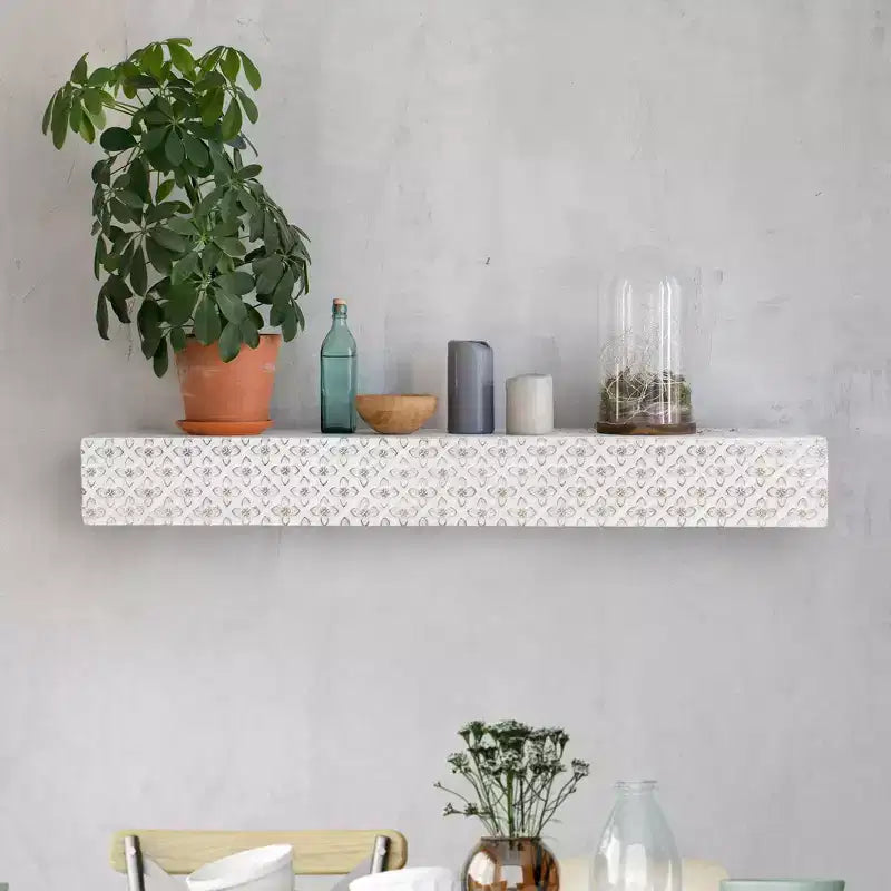 Petite Étagère Murale Décorative Flottante en Bois Embossé Blanc - American Art Decor : Style Moderne, Aucun Assemblage Requis, MDF et Bois