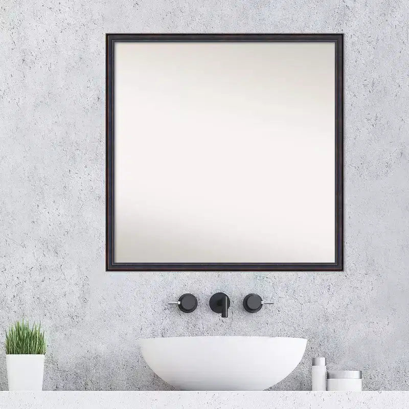 Miroir mural de salle de bain en bois non biseauté Amanti Art, 28" x 28", bronze foncé : Design carré moderne, fixation murale, cadre en bois