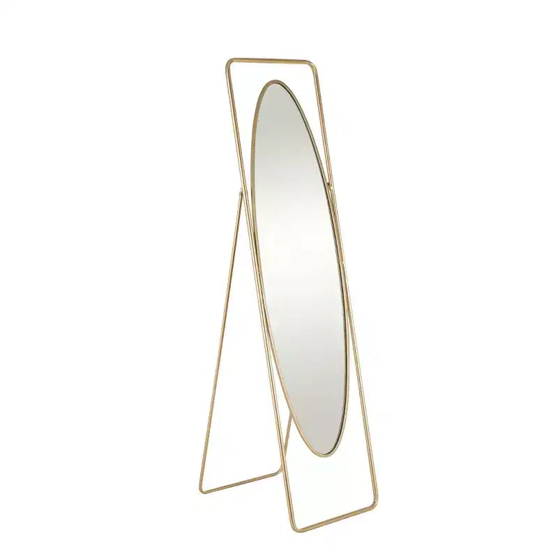 Olivia & May Miroir ovale géométrique sur pied en métal 167,6 x 43,2 cm avec cadre rectangulaire et support doré : Base anti-rayures, utilisation intérieure, entièrement assemblé