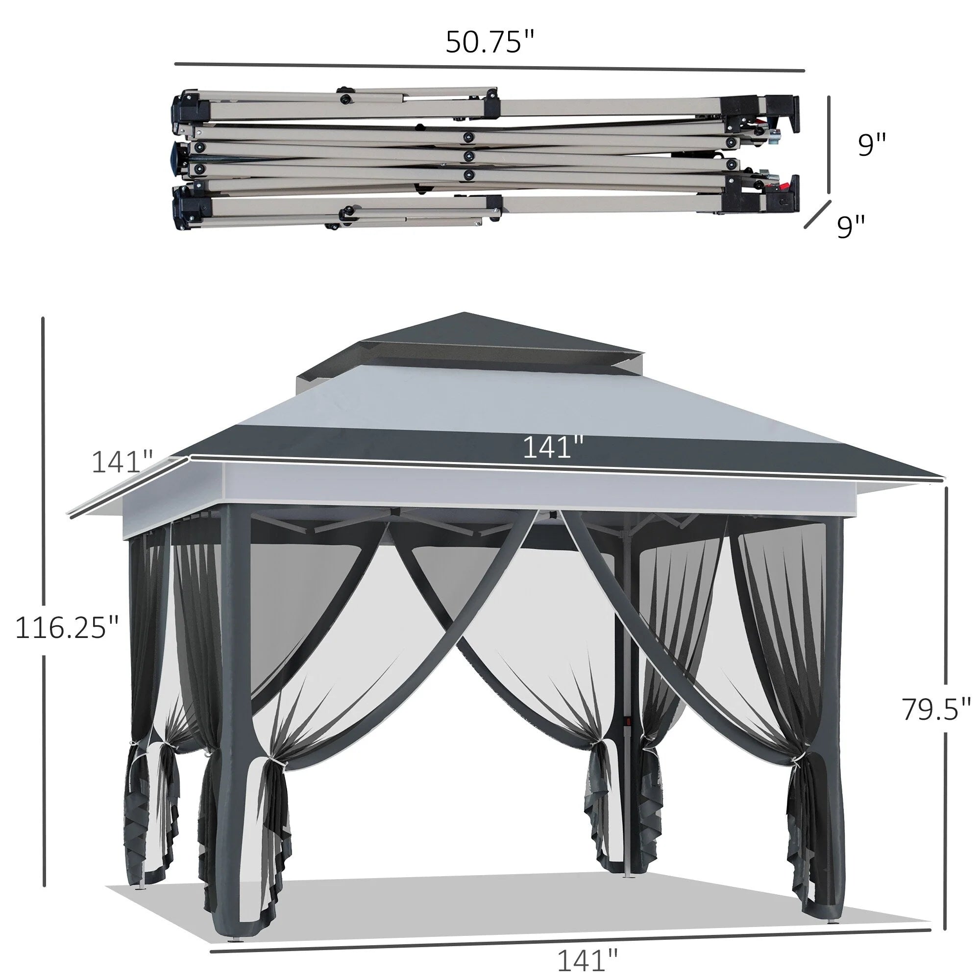 Outsunny Tonnelle Pop Up 3,6 x 3,6 m, Tente Pliante Instantanée avec Murs Latéraux en Maille Filet, Hauteur Réglable sur 3 Niveaux