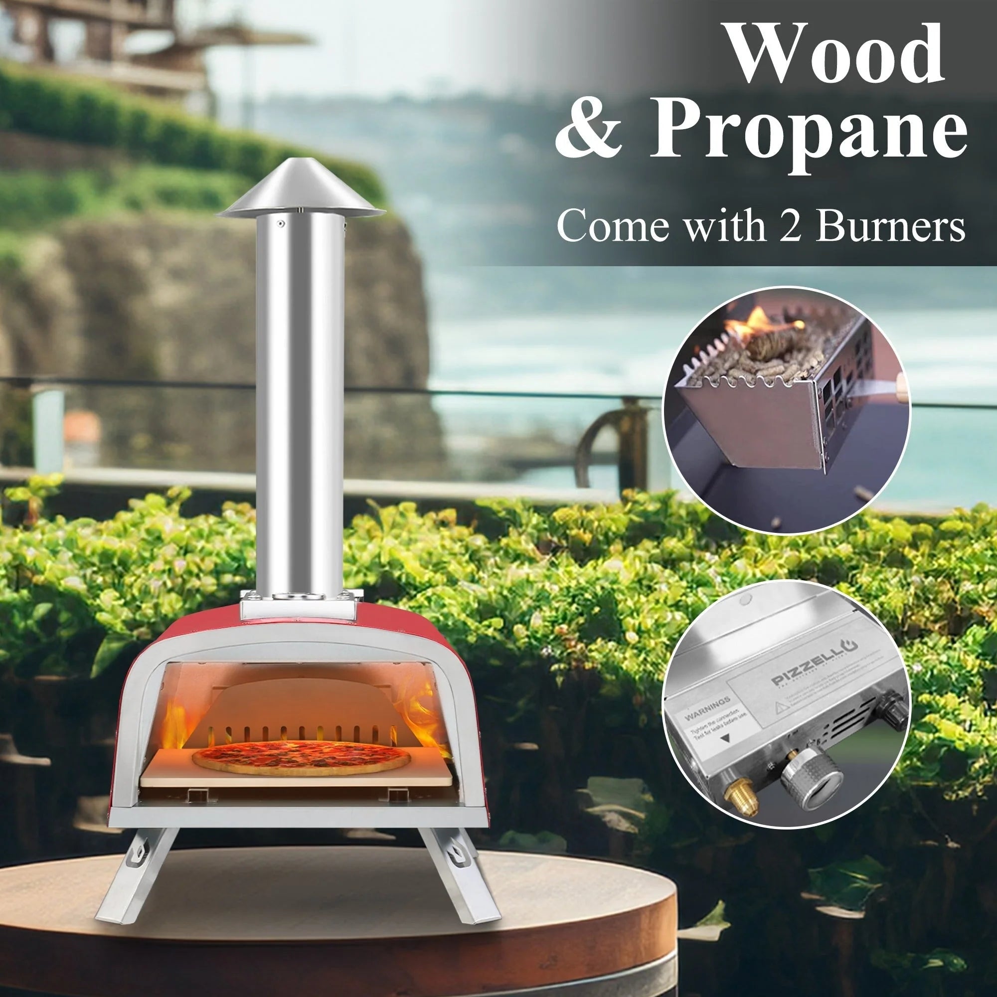 Four à pizza d'extérieur multi-combustibles avec brûleur à gaz et boîte à bois - 30 cm