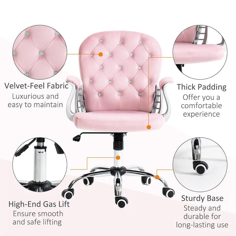 Chaise de bureau à domicile en velours réglable en hauteur avec accoudoirs rembourrés et roulettes - N/A