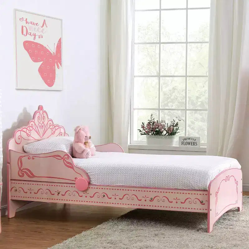 Lit pour enfant jumeau Nemma Princess Crown rose - Maisons : dedans + dehors : Meubles de chambre d'enfant modernes, volutes décoratives