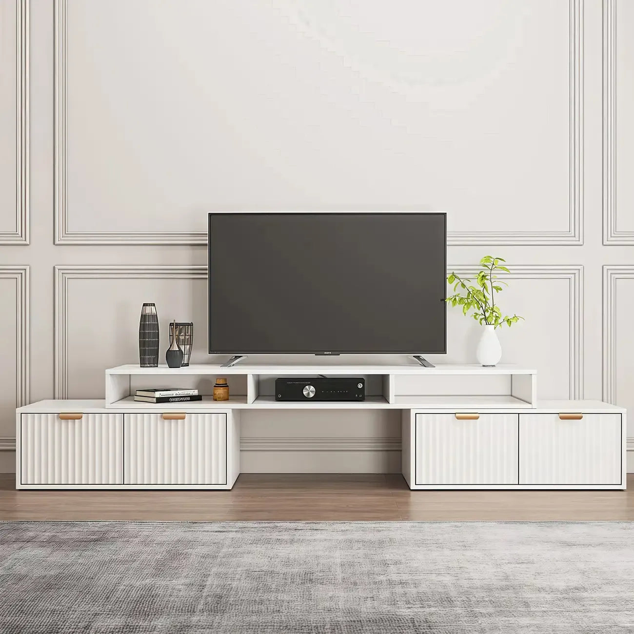 Meuble TV d'angle moderne blanc avec 2 tiroirs et étagère ouverte
