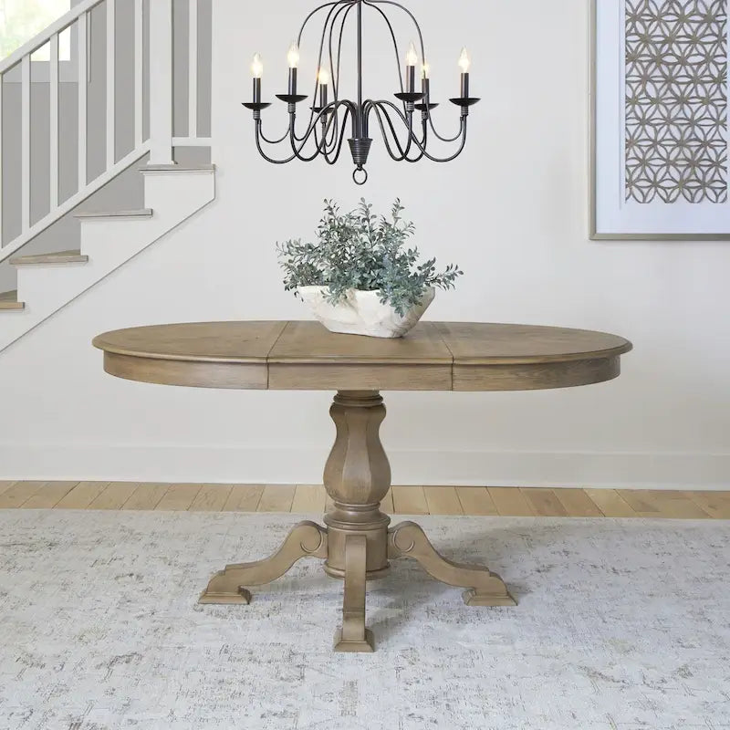 Table à dîner ronde sur pied Magnolia Manor avec rallonges escamotables - 2 finitions