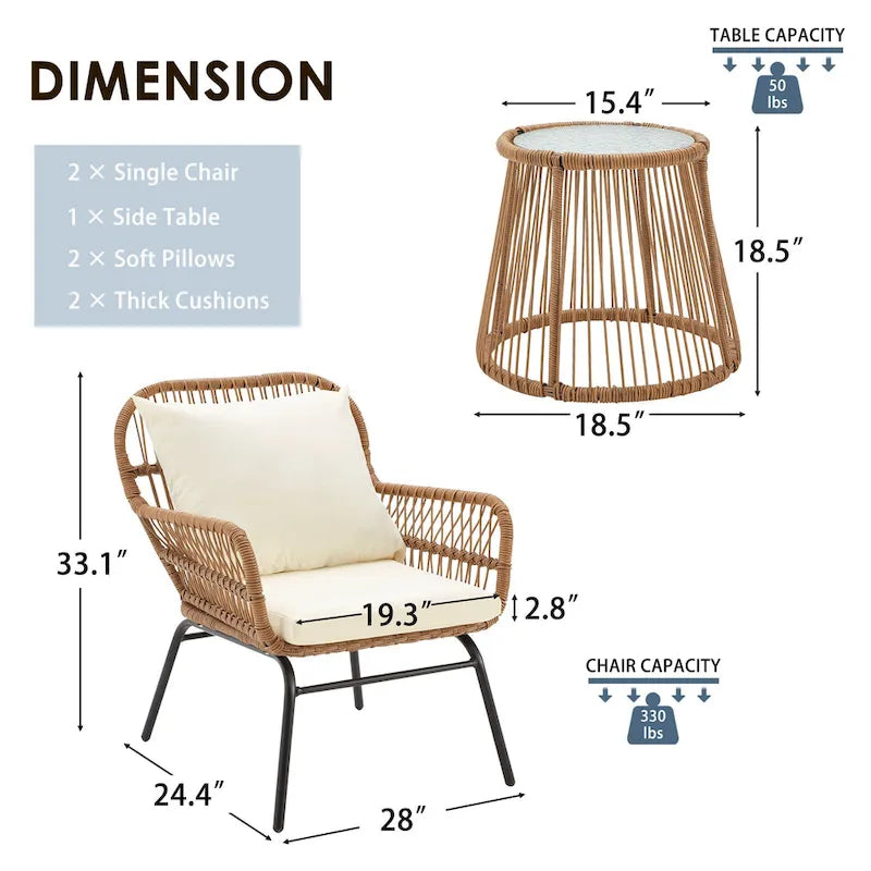 Ensemble de bistro 3 pièces pour terrasse, salon de jardin en rotin d'extérieur avec table en verre et 2 fauteuils larges, coussins d'assise