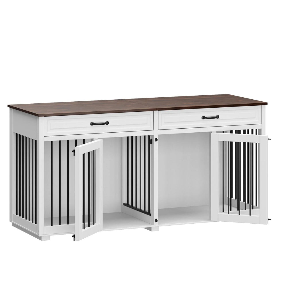 Meuble Niche Double pour Chiens en Bois avec 2 Tiroirs et Séparateur