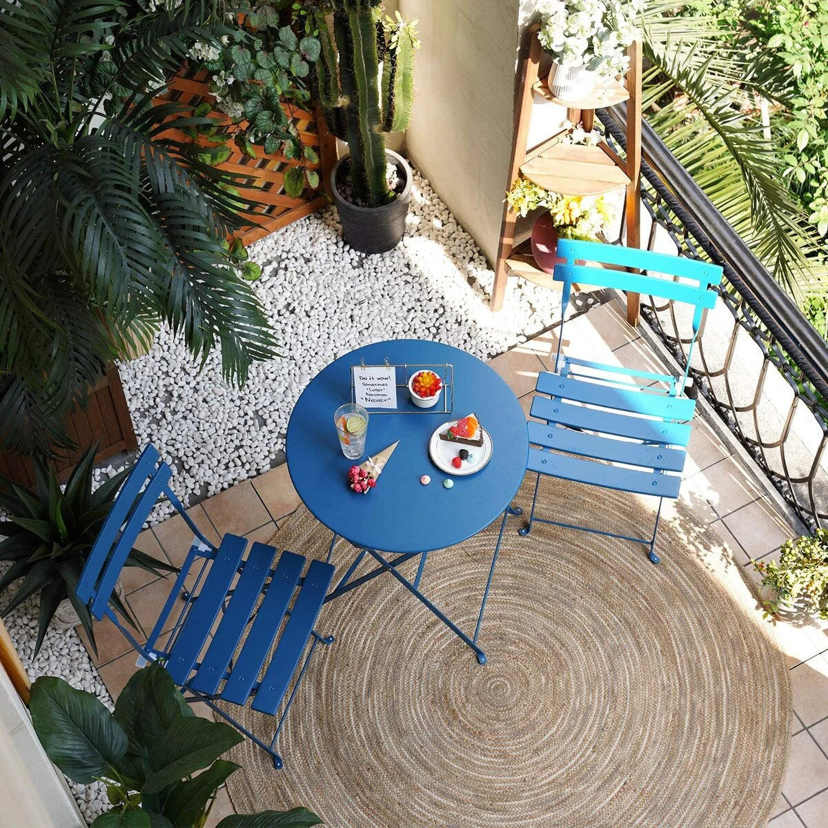 Ensemble bistro pliant 3 pièces en métal, ensemble de conversation intérieur/extérieur résistant aux intempéries pour patio, cour, jardin