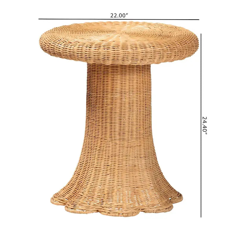 Table d'appoint Avalon Scallop en rotin naturel - Table en osier tressée à la main avec base à jupe, style côtier pour salon ou couloir