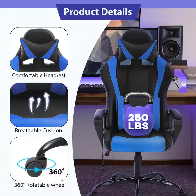 Chaise de jeu FDW Gaming Chaise de bureau massante confortable et élégante avec soutien lombaire réglable, pivotante à 360 degrés et roulettes silencieuses