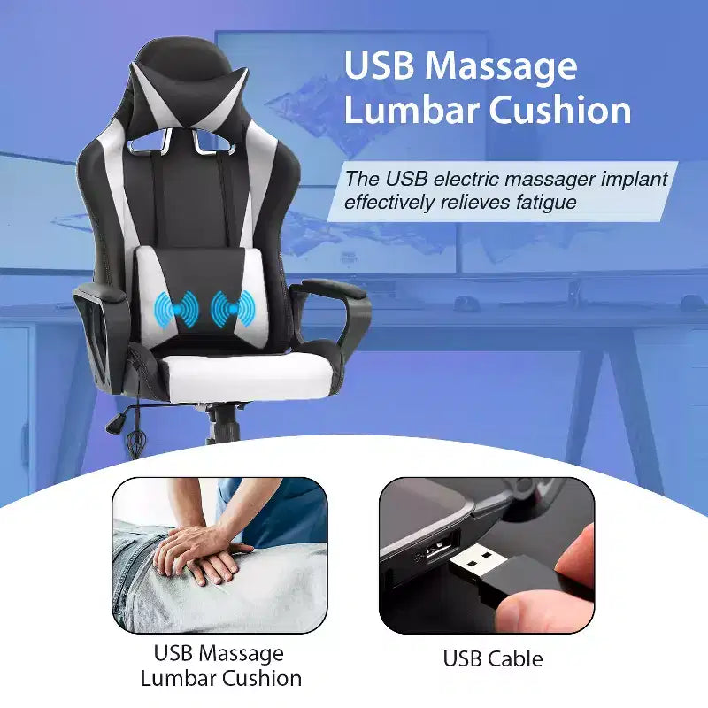 Chaise de jeu FDW Gaming Chaise de bureau massante confortable et élégante avec soutien lombaire réglable, pivotante à 360 degrés et roulettes silencieuses