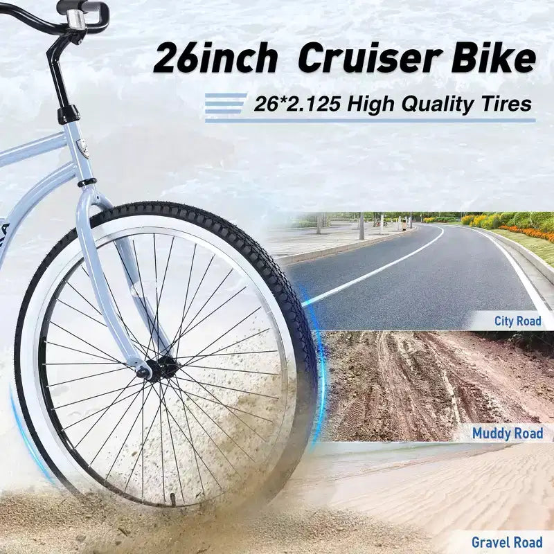 Vélo Single Speed en Acier 26 Pouces, Cadre en Acier, Roues Larges pour la Stabilité, Frein à Rétropédalage, Plusieurs Couleurs Vélo Cruiser de Plage Homme Femme