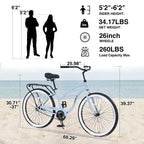Vélo Single Speed en Acier 26 Pouces, Cadre en Acier, Roues Larges pour la Stabilité, Frein à Rétropédalage, Plusieurs Couleurs Vélo Cruiser de Plage Homme Femme