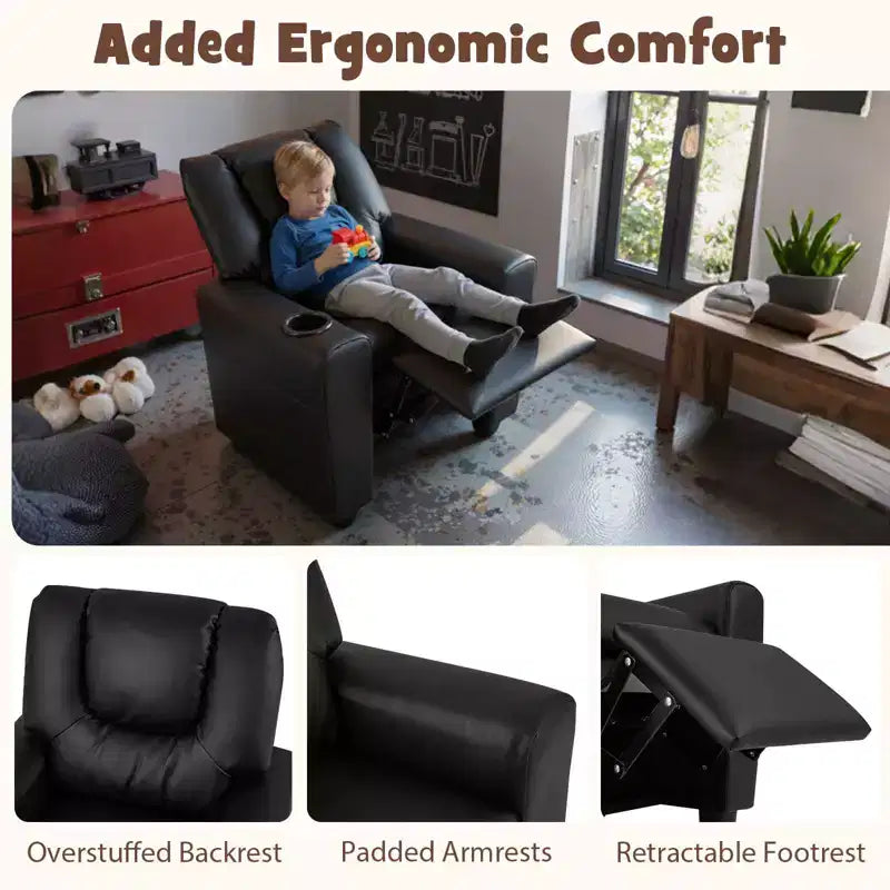Fauteuil inclinable pour enfants Costway avec porte-gobelet et poche latérale Dossier et repose-pieds réglables Beige/Noir/Rose/Marron