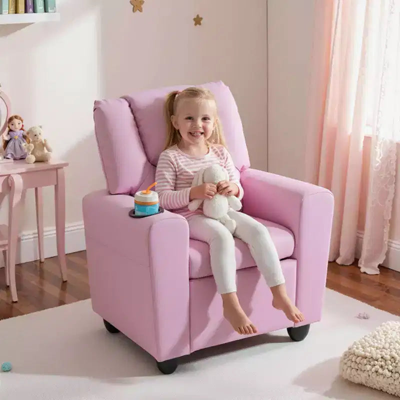 Fauteuil inclinable pour enfants Costway avec porte-gobelet et poche latérale Dossier et repose-pieds réglables Beige/Noir/Rose/Marron