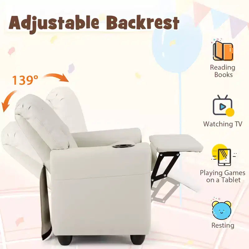 Fauteuil inclinable pour enfants Costway avec porte-gobelet et poche latérale Dossier et repose-pieds réglables Beige/Noir/Rose/Marron