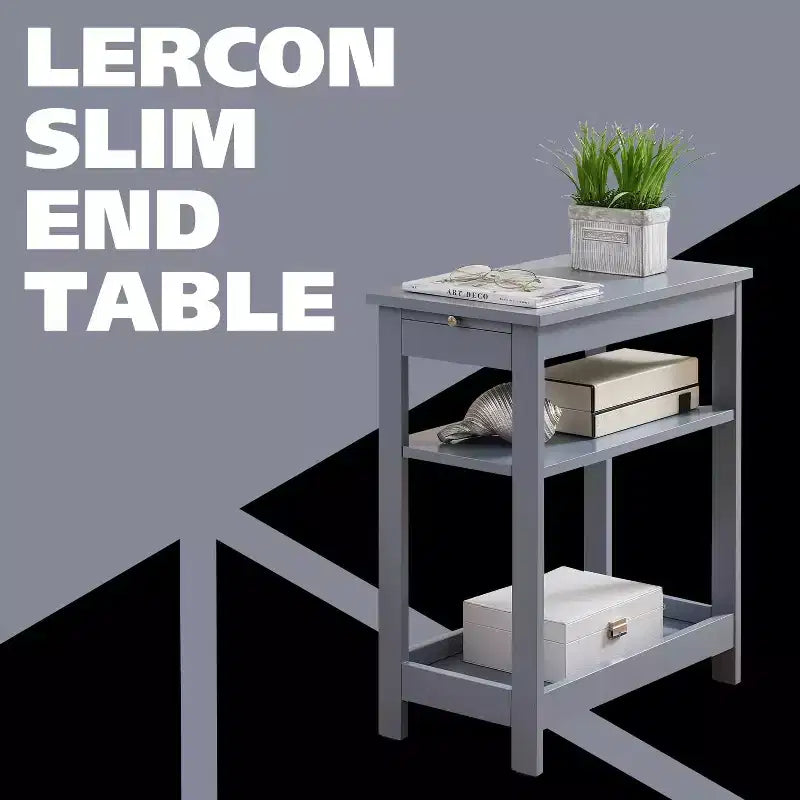 Kings Brand Furniture - Table d'appoint étroite en bois avec étagères de rangement et tiroir coulissant, table de chevet pour chambre à coucher, salon