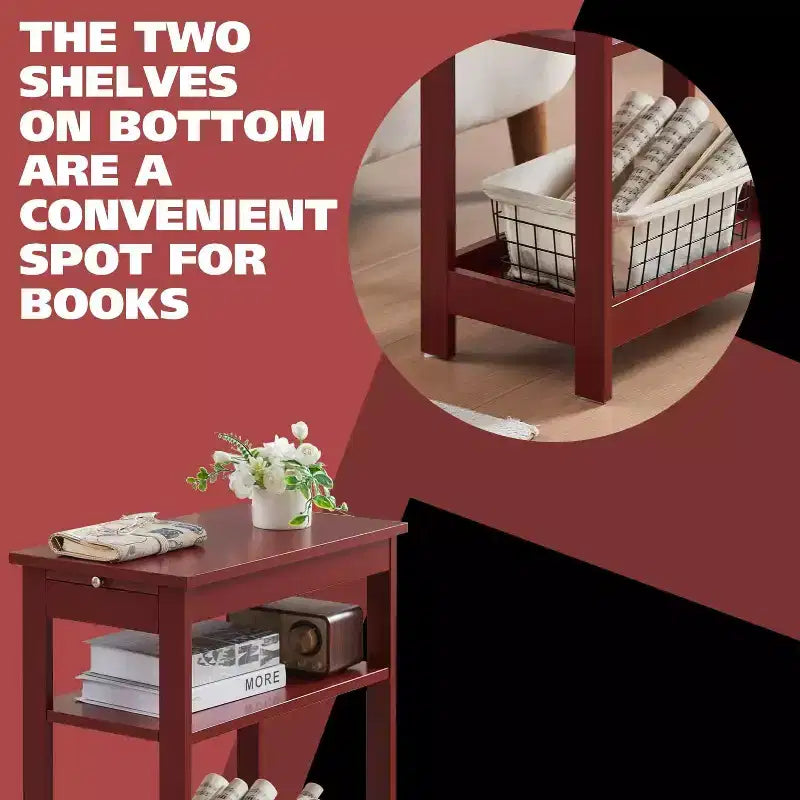 Kings Brand Furniture - Table d'appoint étroite en bois avec étagères de rangement et tiroir coulissant, table de chevet pour chambre à coucher, salon
