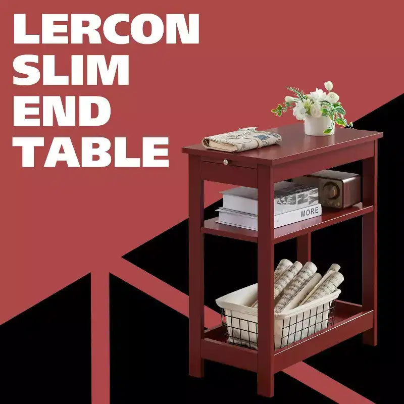 Kings Brand Furniture - Table d'appoint étroite en bois avec étagères de rangement et tiroir coulissant, table de chevet pour chambre à coucher, salon