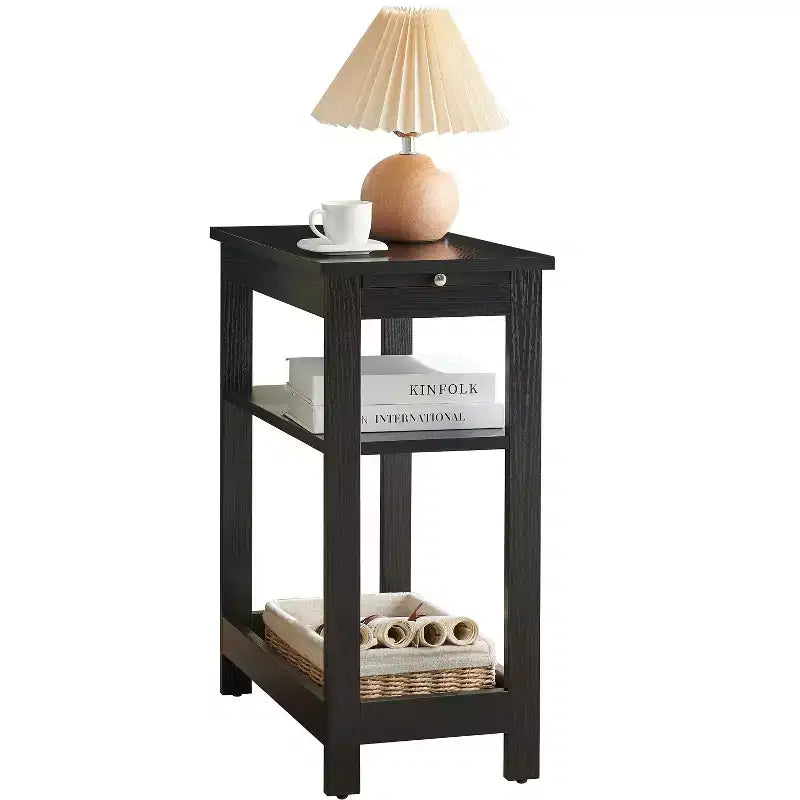 Kings Brand Furniture - Table d'appoint étroite en bois avec étagères de rangement et tiroir coulissant, table de chevet pour chambre à coucher, salon