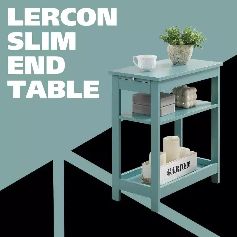 Kings Brand Furniture - Table d'appoint étroite en bois avec étagères de rangement et tiroir coulissant, table de chevet pour chambre à coucher, salon