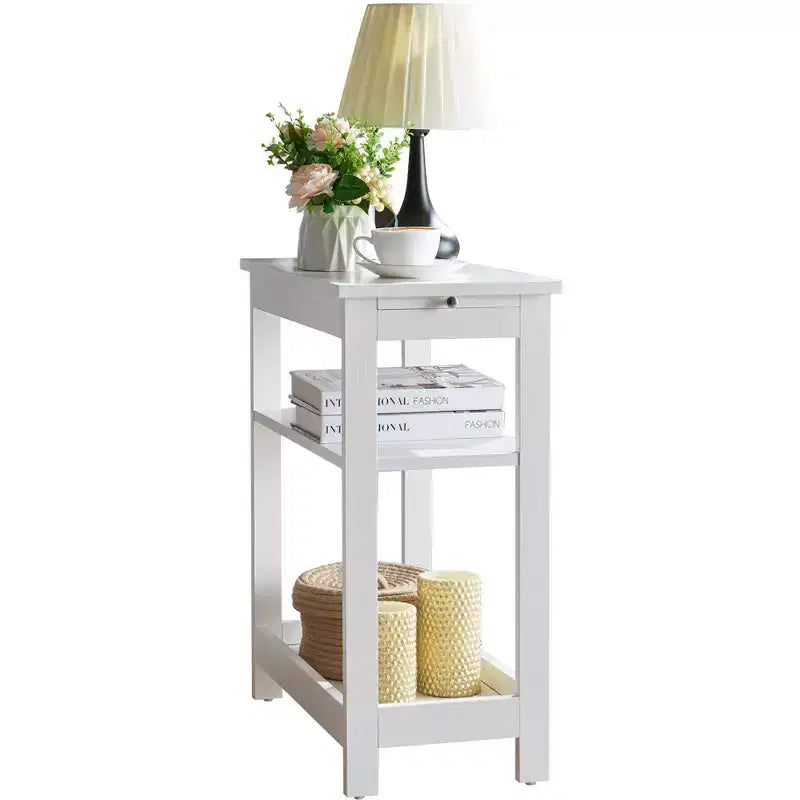 Kings Brand Furniture - Table d'appoint étroite en bois avec étagères de rangement et tiroir coulissant, table de chevet pour chambre à coucher, salon