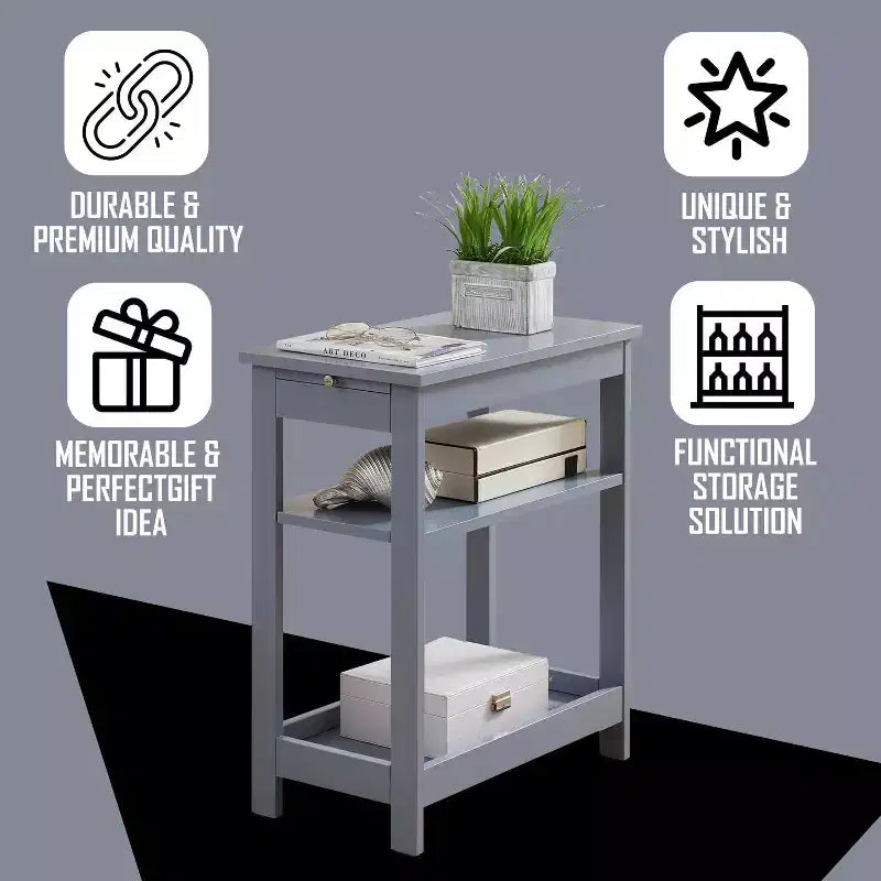 Kings Brand Furniture - Table d'appoint étroite en bois avec étagères de rangement et tiroir coulissant, table de chevet pour chambre à coucher, salon