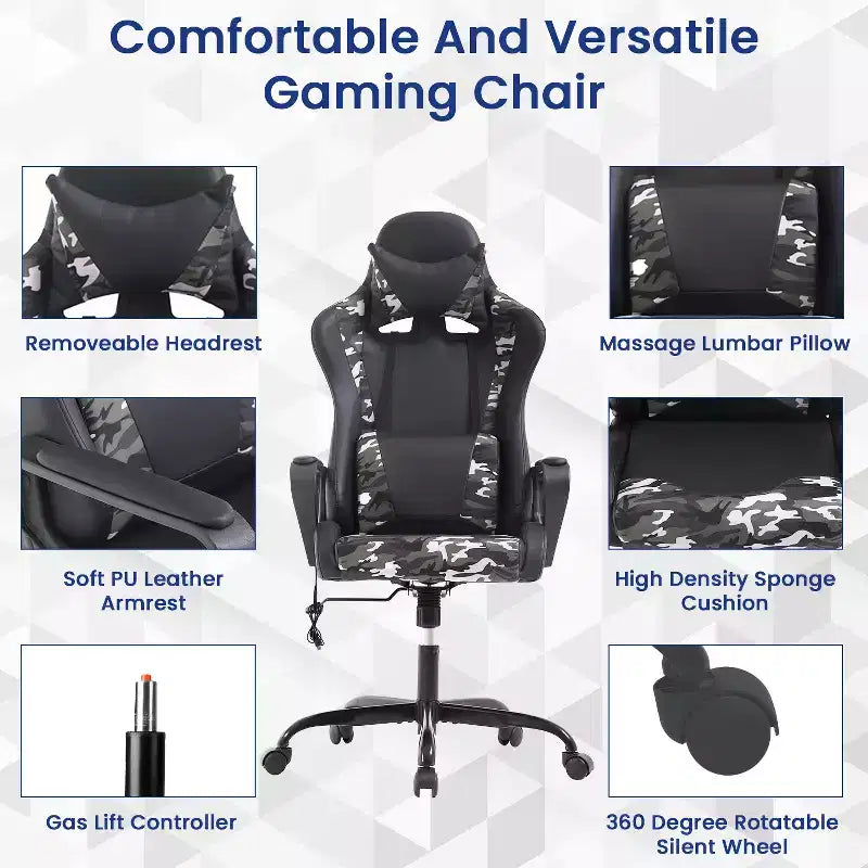 Chaise de bureau BestMassage Gaming Chair à dossier haut avec support lombaire, fonction massage et roulettes en cuir PU pour adultes et adolescents