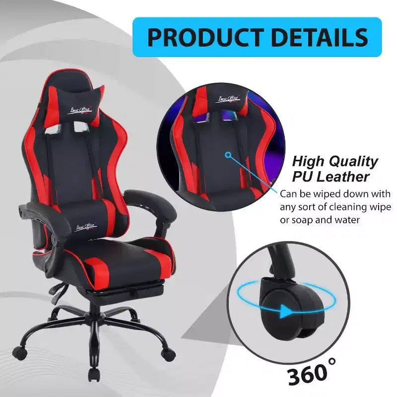 FDW Chaise de jeu Chaise de bureau de course avec repose-pieds Support lombaire Appui-tête Accoudoir Chaise de gamer PC réglable à roulettes pivotante