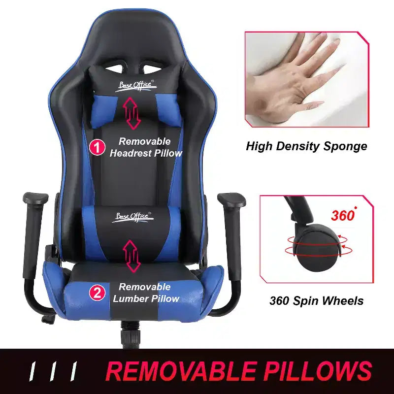 Chaise de jeu BestMassage, chaise de bureau avec support lombaire, appui-tête, accoudoirs et roulettes pivotantes pour joueurs de PC