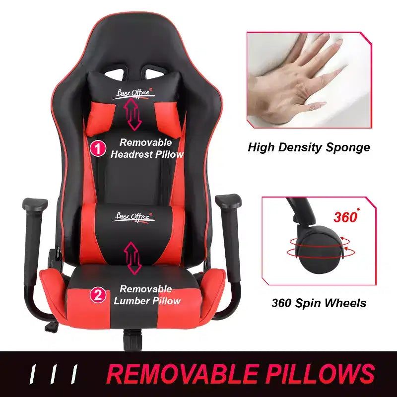 Chaise de jeu BestMassage, chaise de bureau avec support lombaire, appui-tête, accoudoirs et roulettes pivotantes pour joueurs de PC
