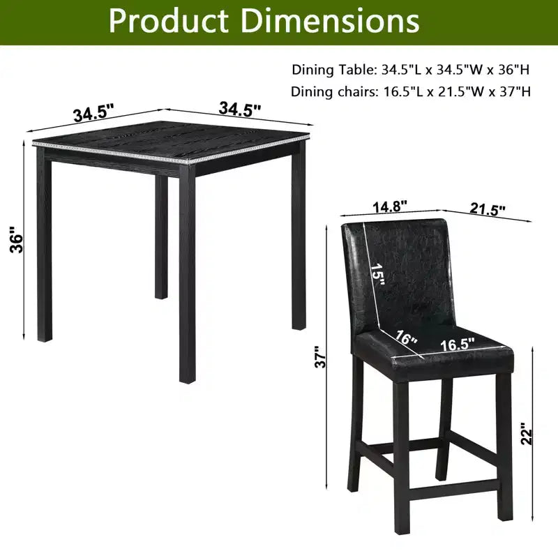 Ensemble de salle à manger 5 pièces à hauteur de comptoir : table carrée en bois, 4 chaises rembourrées avec décor en cristal, idéal pour la cuisine