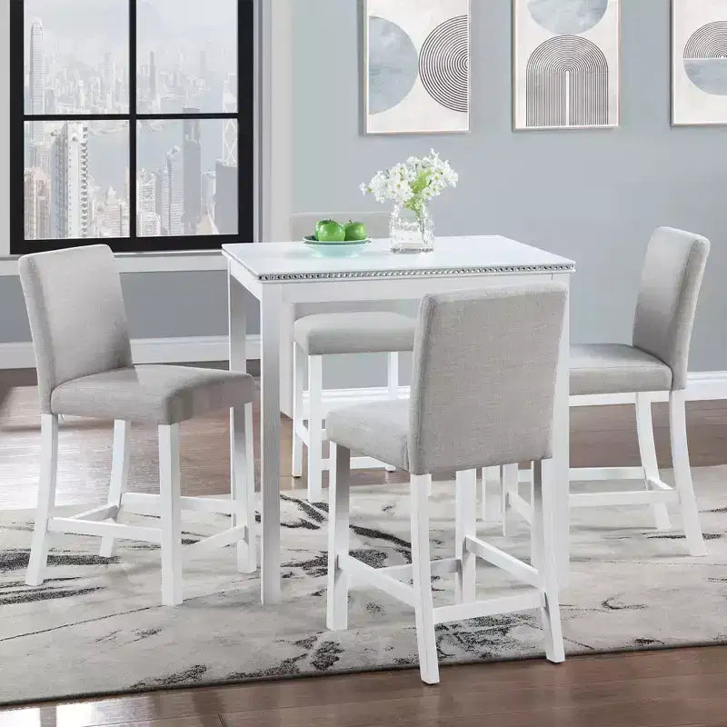 Ensemble de salle à manger 5 pièces à hauteur de comptoir : table carrée en bois, 4 chaises rembourrées avec décor en cristal, idéal pour la cuisine
