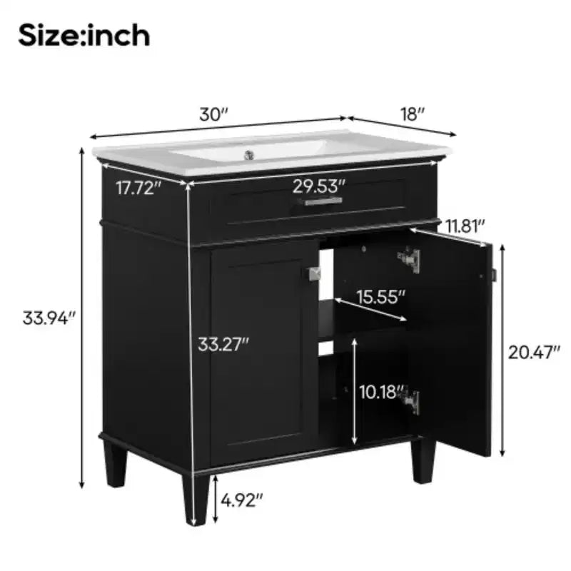 Meuble de rangement de salle de bain de 76 cm avec lavabo en céramique, fermeture de porte douce et étagère réglable