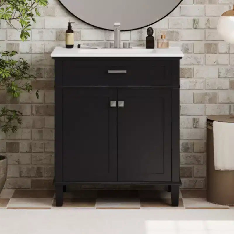 Meuble de rangement de salle de bain de 76 cm avec lavabo en céramique, fermeture de porte douce et étagère réglable
