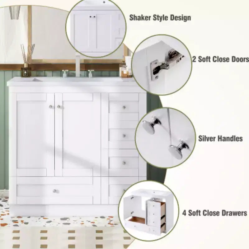 Meuble-lavabo autoportant de salle de bain de style shaker de 36 po avec évier, 4 tiroirs à fermeture douce et 2 portes à fermeture douce