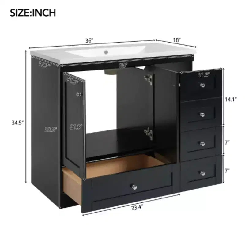 Meuble-lavabo autoportant de salle de bain de style shaker de 36 po avec évier, 4 tiroirs à fermeture douce et 2 portes à fermeture douce