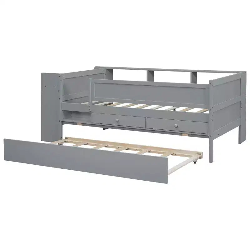 Lit de repos double multifonctionnel Whisen avec tiroirs et lit gigogne, rangement de tête de lit et tables, station de recharge USB
