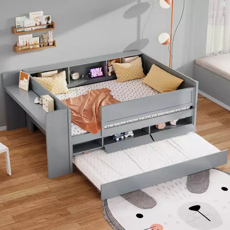 Lit de repos double multifonctionnel Whisen avec tiroirs et lit gigogne, rangement de tête de lit et tables, station de recharge USB