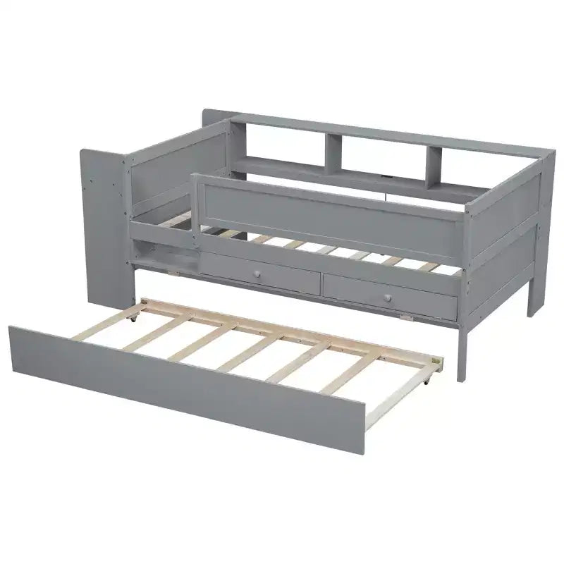 Lit de repos double multifonctionnel Whisen avec tiroirs et lit gigogne, rangement de tête de lit et tables, station de recharge USB
